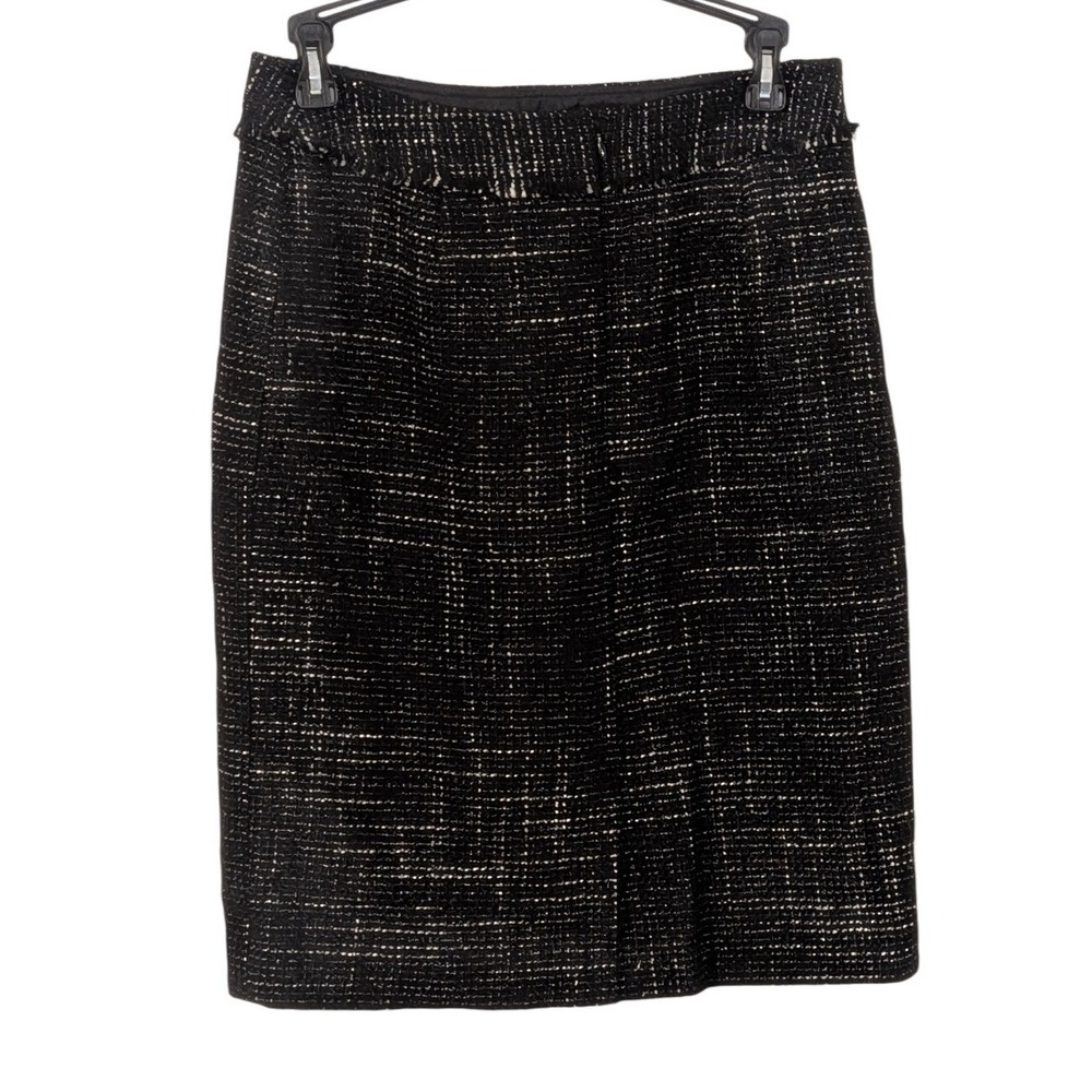 Ann Taylor Black White Wool Blend Tweed Boucle Pencil Skirt Fringe Waist 2 - Picture 2 of 8